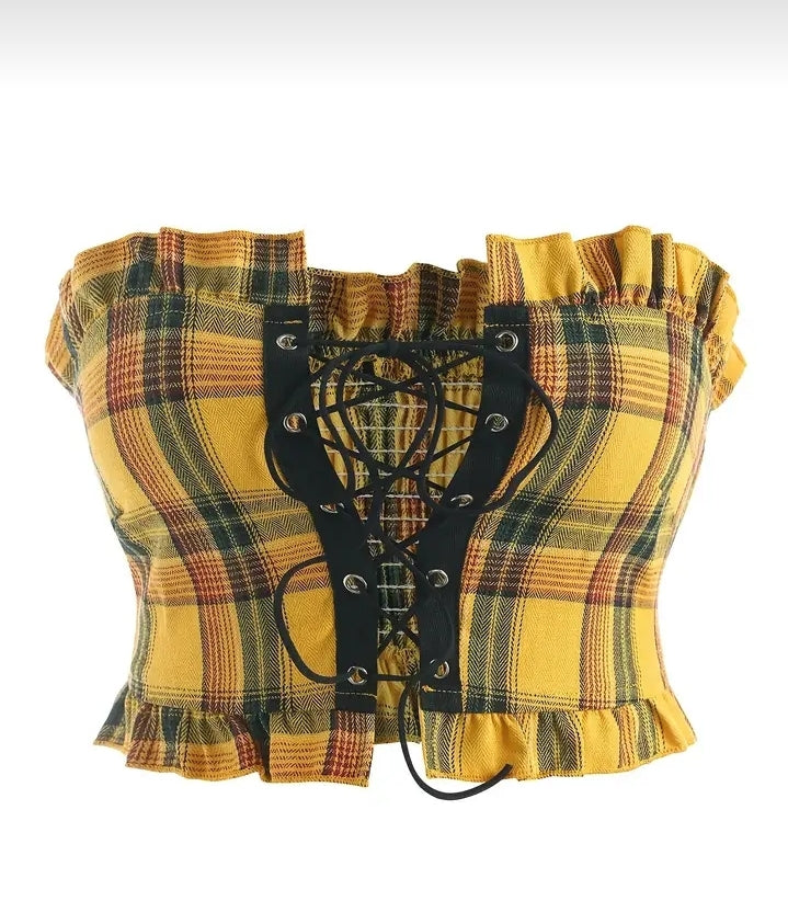 Spicy Sunflower plaid tie up crop top